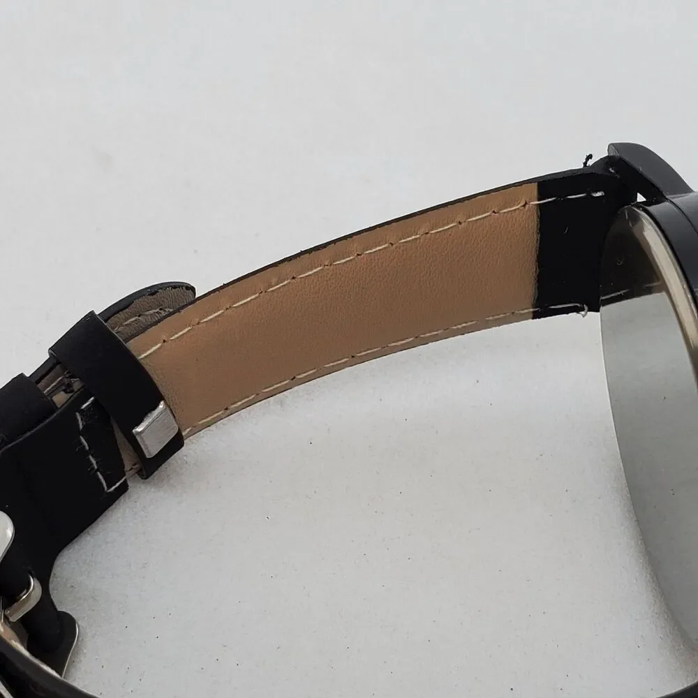 Men's Watch 42MM Black Dial Case Date Black Leather‎ Bands Analog Watch